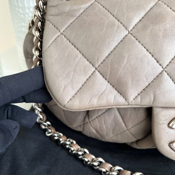 Authentic Chanel Quilted Large Chain Flap Taupe Crossbody Gray-Beige ClutchB0649 - Picture 8 of 16